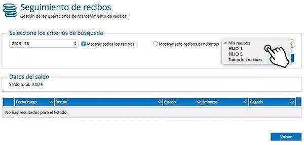 Pantalla de seguimiento de recibos en Educamos