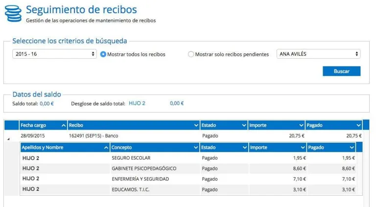Listado de recibos en la plataforma Educamos