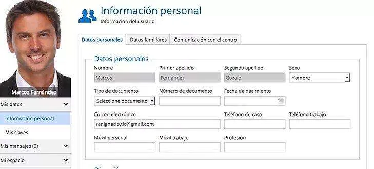 Pantalla de información personal en Educamos