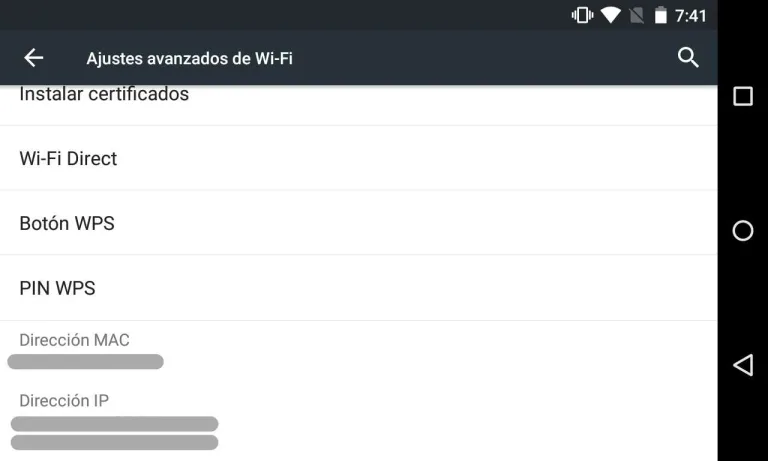 Ajustes avanzados de Wi-Fi en Android, con el apartado Dirección MAC