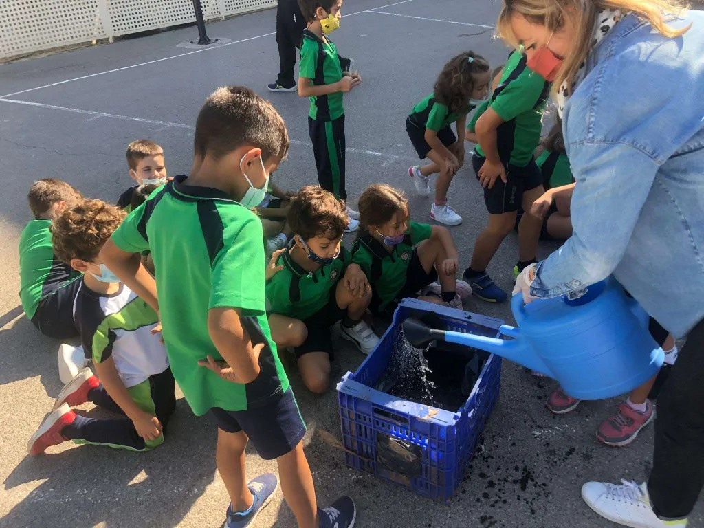 Alumnos de Primaria regando y preparando la tierra en una caja de cultivo del huerto escolar