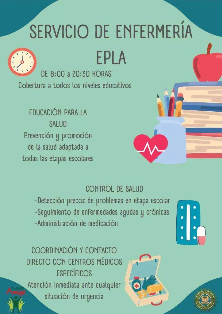 Cartel con los horarios y servicios de la enfermería del colegio EPLA