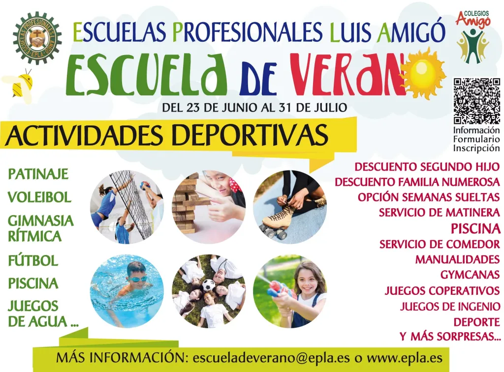 Cartel de la Escuela de Verano de EPLA, del 23 de junio al 31 de julio, con sus actividades deportivas